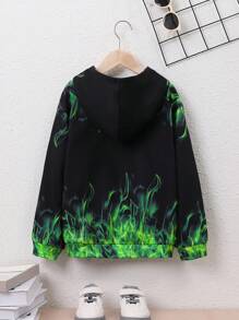 SHEIN Tween Boy Loose Fit College Flame Printed Hooded Knitted Sweatshirt