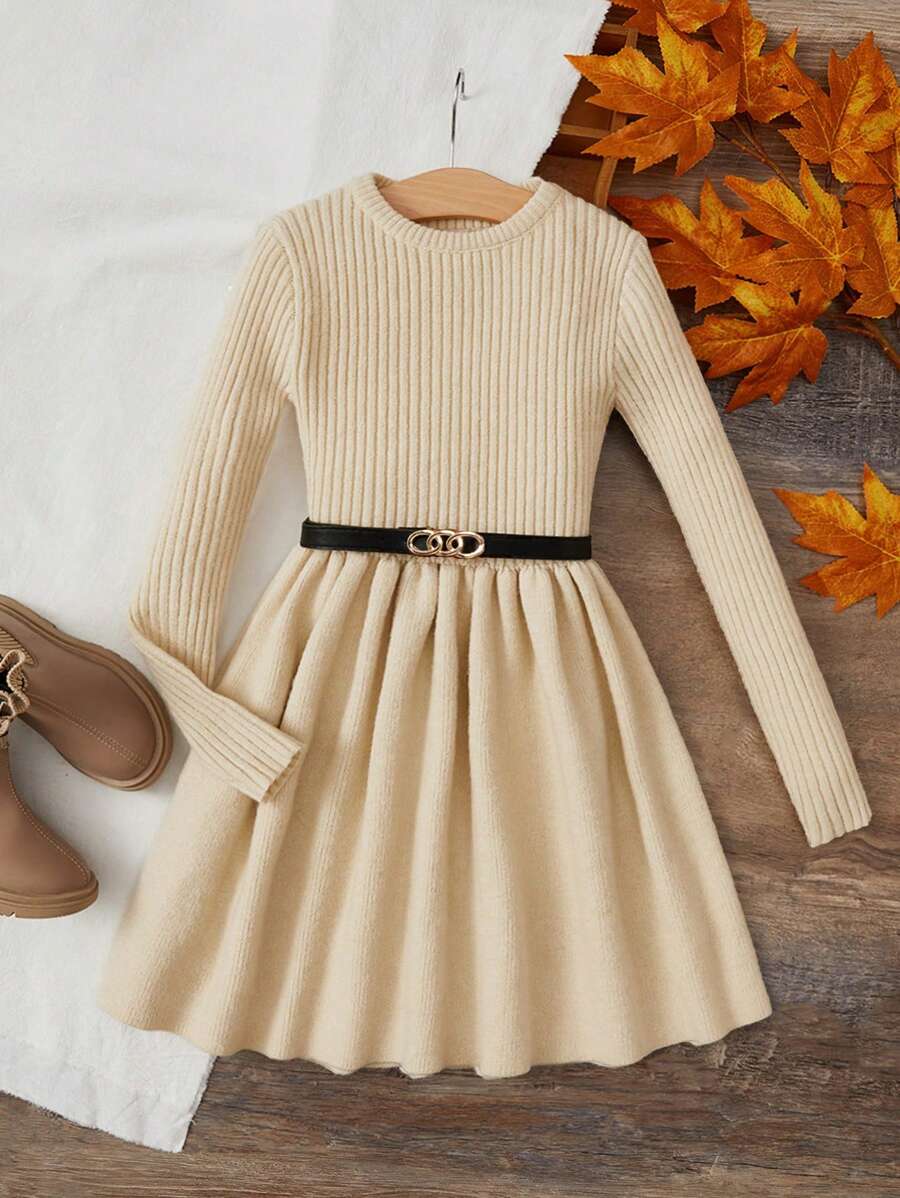SHEIN Leap Crew Tween Girl Solid Ribbed Knit Sweater Dress Without Belt - Apricot - View 1