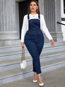 SHEIN Essnce 休閒鈕扣 口袋純色大碼牛仔連體褲 - 深色水洗藍 - 查看 7