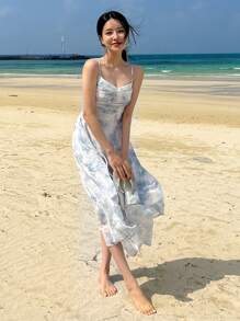 DAZY Váy yếm xếp nếp in hoa phía trước, váy suông Milkmaid - Màu xanh lam - Xem 5