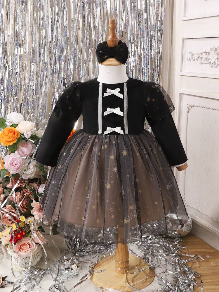 Baby Girl Bow Front Contrast Mesh Dress With Headband
