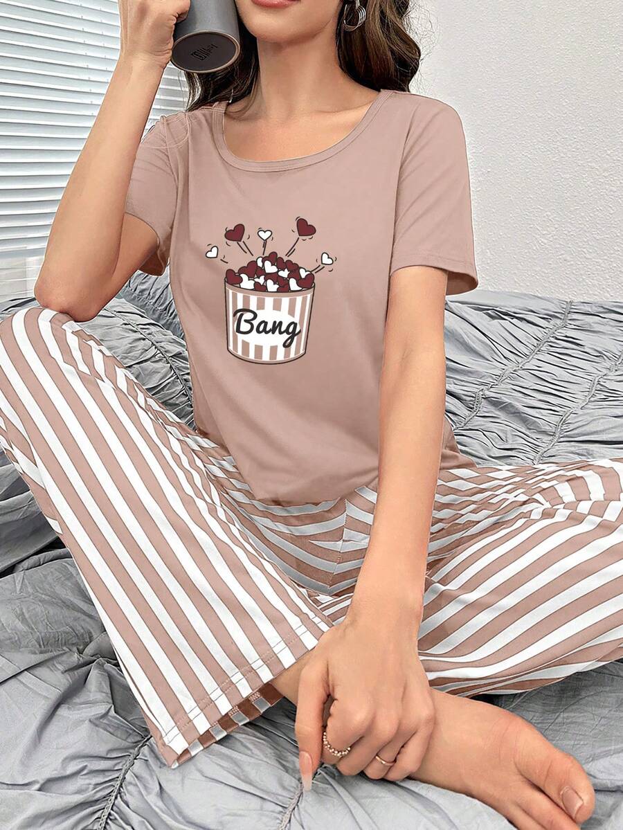 Striped & Letter Graphic PJ Set - Brown - View 1