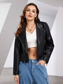 Zip Up PU Leather Moto Jacket - Black - View 3