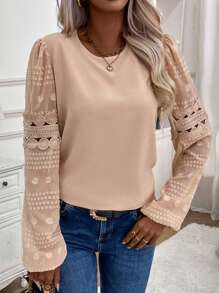 EMERY ROSE Solid Contrast Lace Blouse - Apricot - View 4