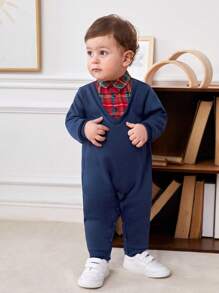 SHEIN Baby Boy Plaid Print 2 In 1 Jumpsuit - Navy Blue - View 5