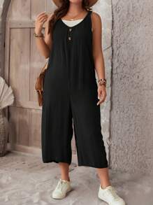 SHEIN LUNE Plus Button Front Dual Pocket Cami Jumpsuit Without Tube Top