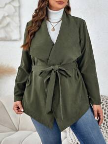 SHEIN LUNE Plus Waterfall Collar Belted Coat - Army Green - View 1