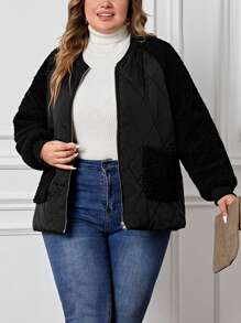 SHEIN LUNE Plus Contrast Teddy Raglan Sleeve Quilted Coat - Black - View 1