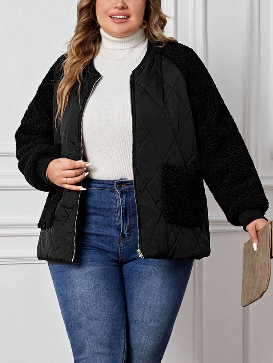 SHEIN LUNE Plus Contrast Teddy Raglan Sleeve Quilted Coat - Black - View 1