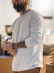 Nam Chất rắn Vòng cổ Áo thun - Màu be - Xem 4