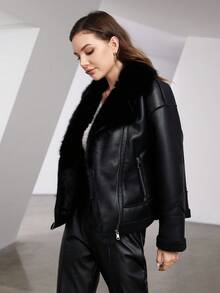 Zip Up PU Leather Jacket - Black - View 3