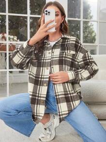 Chiquease Pocket Front Plaid Print Drop Shoulder Overcoat Fall Cloth For Women - Mocha Brown - View 3