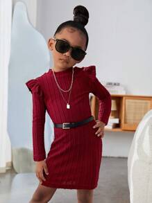 Young Girl Ruffle Trim Mock Neck Cable Knit Dress Without Belt - Burgundy - View 6