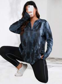 SHEIN Rhythm Era Bộ đồ thể thao cổ bẻ nhuộm loang cỡ lớn & áo thun thể thao cổ bẻ & quần bó tập luyện cho nữ - Nhiều màu - Xem 5