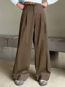 DAZY 毛邊緣闊腿褲 - 棕色 - 查看 6