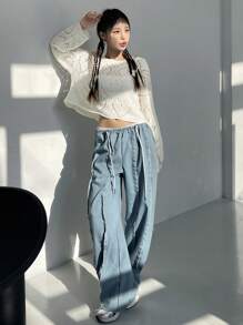 DAZY Solid Drop Shoulder Crop Sweater - Beige - View 3