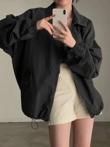 DAZY Solid Drop Shoulder Coat,Ladies Spring/Fall Casual Zipper Drop Shoulder Collar Loose Black Plain Women Coats,Casual Daily Wear Women Jacket - Black - View 7