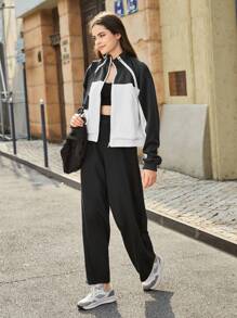 In My Nature Colorblock Zip Up Drop Shoulder Softshell Jacket - Black and White - View 7