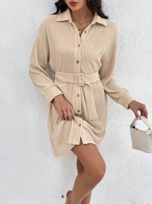 SHEIN Essnce Drop Shoulder Belted Shirt Dress - Apricot - View 5