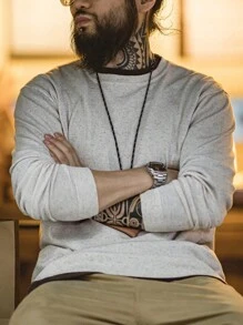 Nam Chất rắn Vòng cổ Áo thun - Màu be - Xem 1