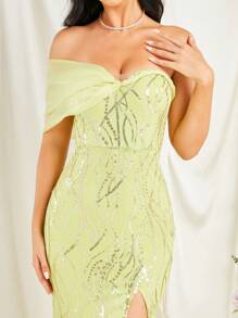Missord One Shoulder Split Thigh Sequin Party Dress - Mint Green - View 7