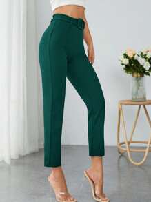 SHEIN PETITE Solid Seam Front Belted Pants - Dark Green - View 3