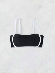 SHEIN Swim 撞色滾邊比基尼泳裝上衣 - 黑與白 - 查看 8