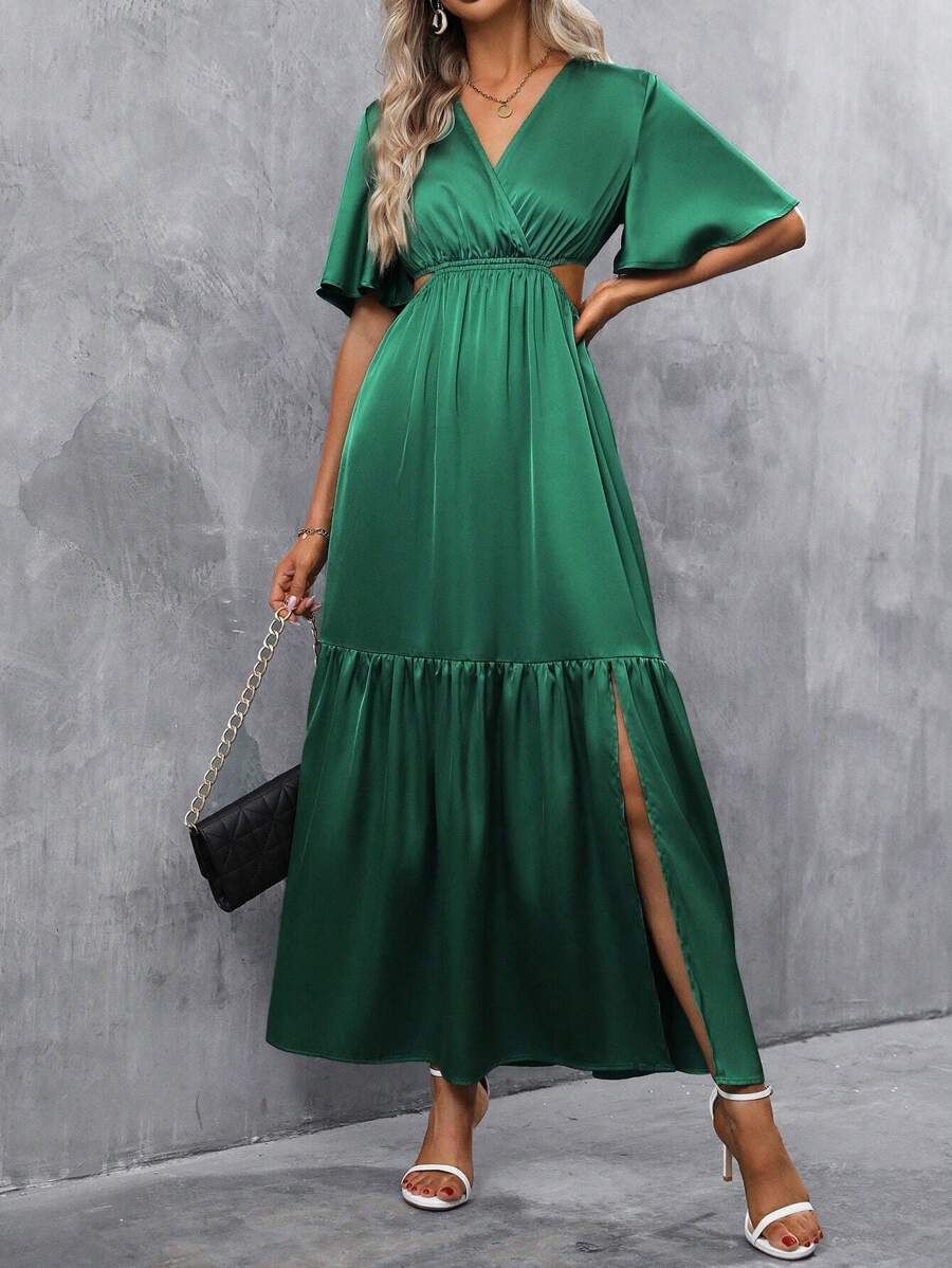 SHEIN Clasi 優雅挖空 荷葉邊 交叉純色女士連衣裙 - 綠色 - 查看 1