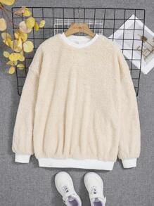 Teen Girl Letter Patched Detail Teddy Lined Sweatshirt - White - View 6