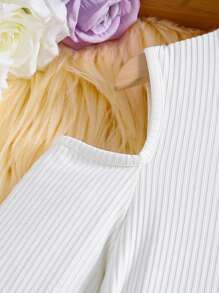 SHEIN Cô gái Tween In kẻ sọc Vai lạnh Viền khăn tay Váy có thắt lưng - màu đen - Xem 4