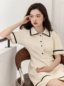 DAZY Contrast Binding Puff Sleeve Shirt Dress - White - View 3