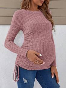 SHEIN Áo thun Bà bầu Xù Gân đan Dây kéo màu trơn Giải trí - Bụi hồng - Xem 5