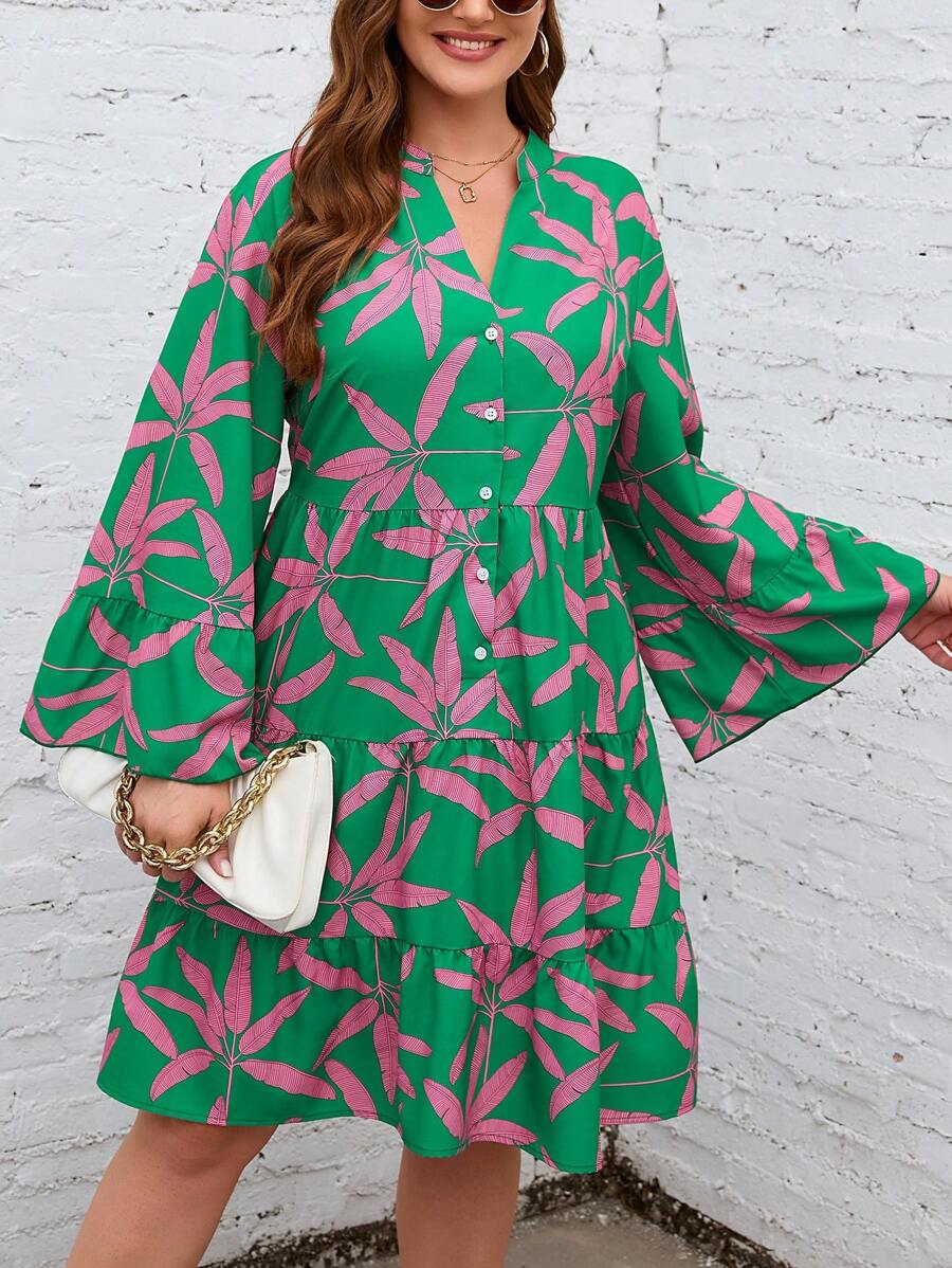 SHEIN LUNE Váy xòe tay loe họa tiết nhiệt đới cỡ lớn - Nhiều màu - Xem 1