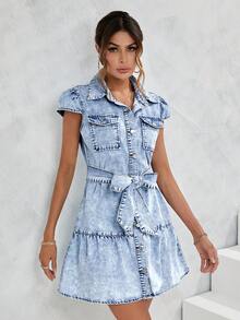 SHEIN LUNE Flap Pocket Belted Denim Dress - Medium Wash - View 4