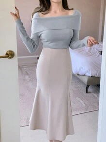 DAZY Solid Square Neck Ribbed Knit Sweater - Dusty Blue - View 3