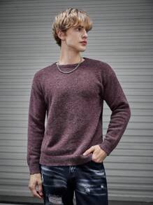 Mainfolk 1pc Solid Round Neck Sweater, For Fall Winter - Purple - View 4