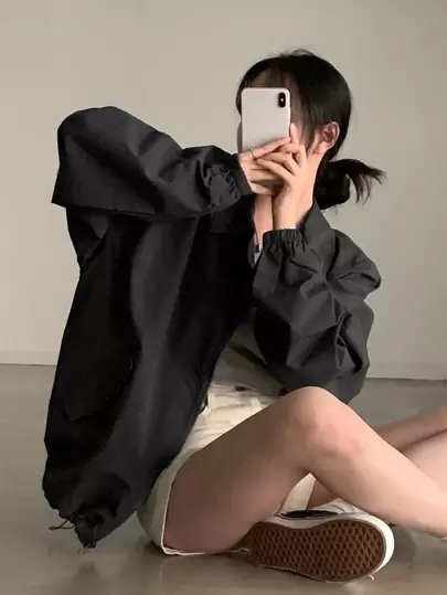 DAZY 纯色落肩大衣，女士春秋休闲拉链落肩领宽松黑色纯色女式大衣，休闲日常穿着女式夹克