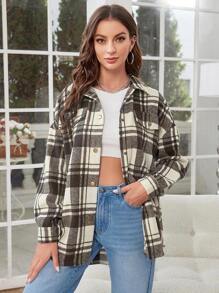 Chiquease Pocket Front Plaid Print Drop Shoulder Overcoat Fall Cloth For Women - Mocha Brown - View 4