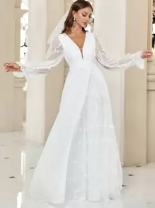 SHEIN Belle Plunging Neck Flare Sleeve Split Thigh Embroidery Mesh Wedding Dress, White Elegant Long Sleeve Bridal Dress, Bridal Shower Dress White Dress