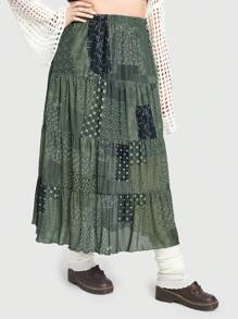 ROMWE Fairycore Plus Size Vacation Leisure Patchwork Printed Skirt - Army Green - View 4