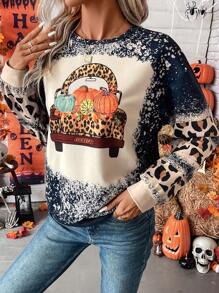 SHEIN LUNE 豹紋&南瓜圖案落肩袖運動衫 - 彩色 - 查看 6