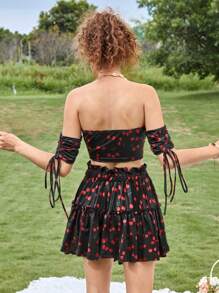 Soleia In Anh đào Mặt trước dây rút Áo ngoài vai & Xù Hoa Sen Váy - màu đen - Xem 2