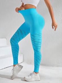 寬腰帶運動打底褲 - 藍色 - 查看 1