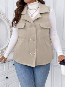 SHEIN Unity Chaleco acolchado de talla grande con doble botonadura y bolsillo con solapa, ropa de invierno - Caqui - Ver 5