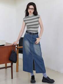 Mẫu sọc Cổ giả Tay áo mũ Knit ngọn - Màu xám đen - Xem 3