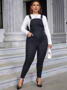 SHEIN Frenchy 大碼補丁貼口袋牛仔背帶褲不帶T恤 - 黑色 - 查看 2