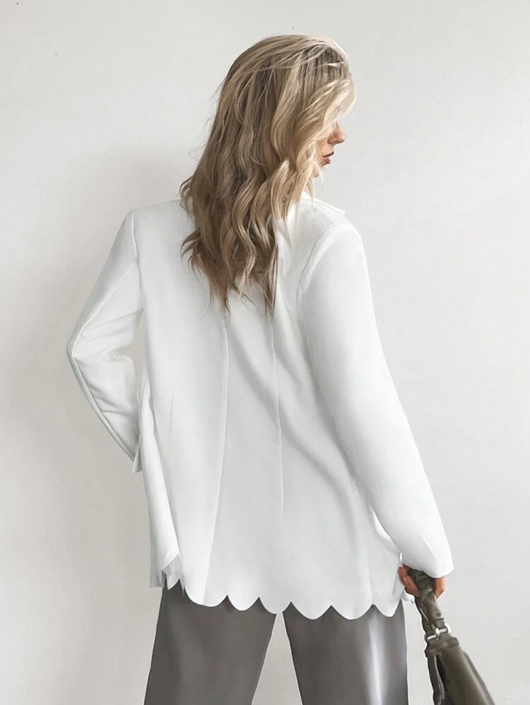 Solid Scallop Trim Open Front Blazer