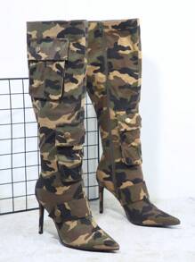 SHUZIA Camo Print Pointed Toe Stiletto Heeled Boots