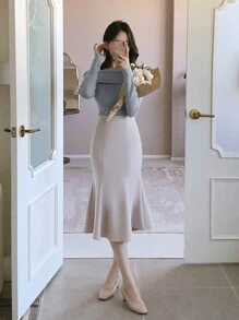 DAZY Solid Square Neck Ribbed Knit Sweater - Dusty Blue - View 7