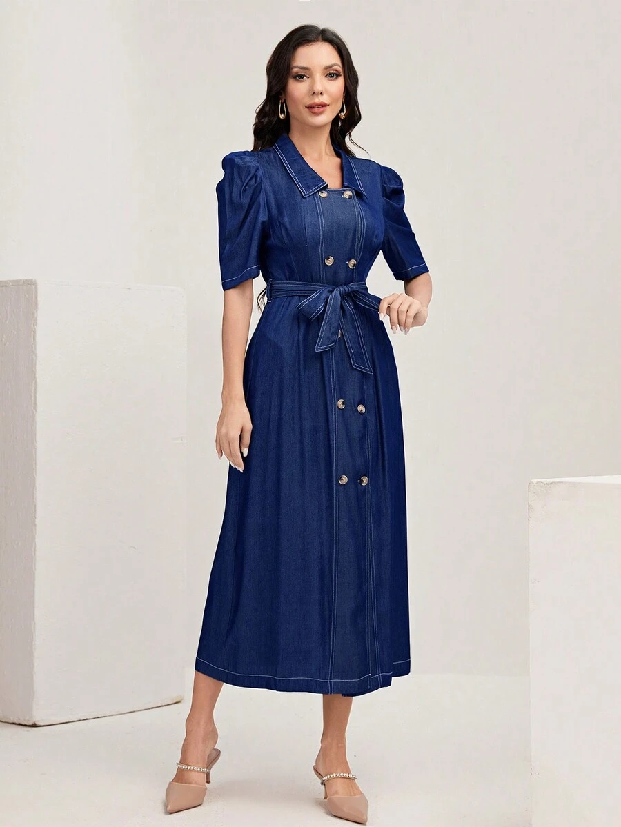 Mulvari Puff Sleeve Double Breasted Belted Dress - Navy Blue - View 1